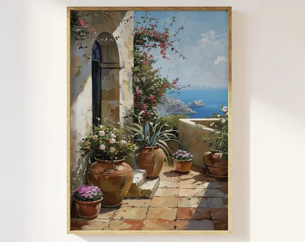 Potted Plants on the Patio Art Print, Cottagecore Foliage