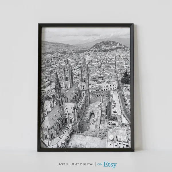 Quito Cityscape, Black White Travel Poster