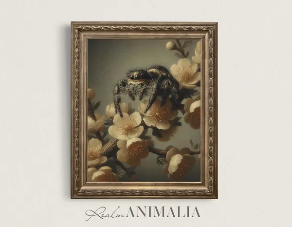 Jumping Spider Floral Portrait, Vintage Art Print
