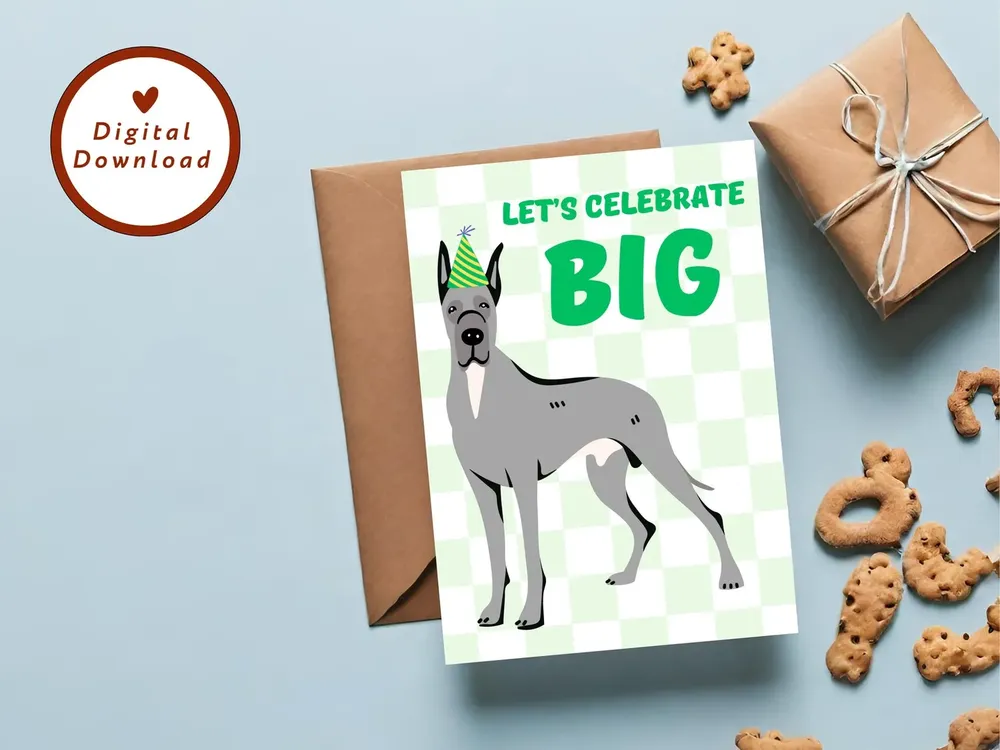 Great Dane Birthday Card, Green Checkered Pet Card