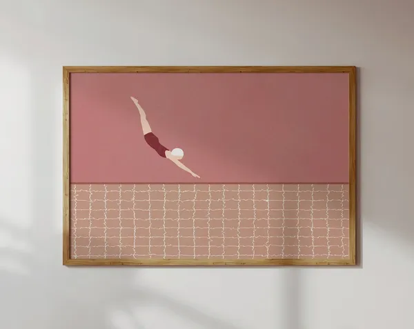Horizontal Retro Swimmer Diving Print, Vintage Pink Pool
