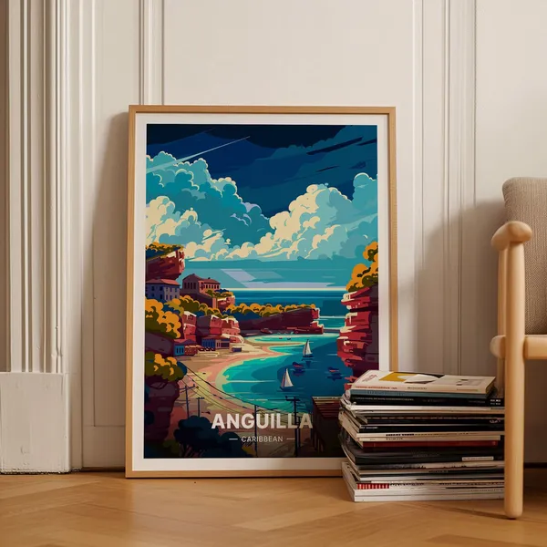 Anguilla Caribbean Travel Poster, Beach Scene Art Print