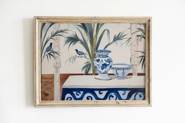 Botanical Chinoiserie Art Print, Blue And White Foyer