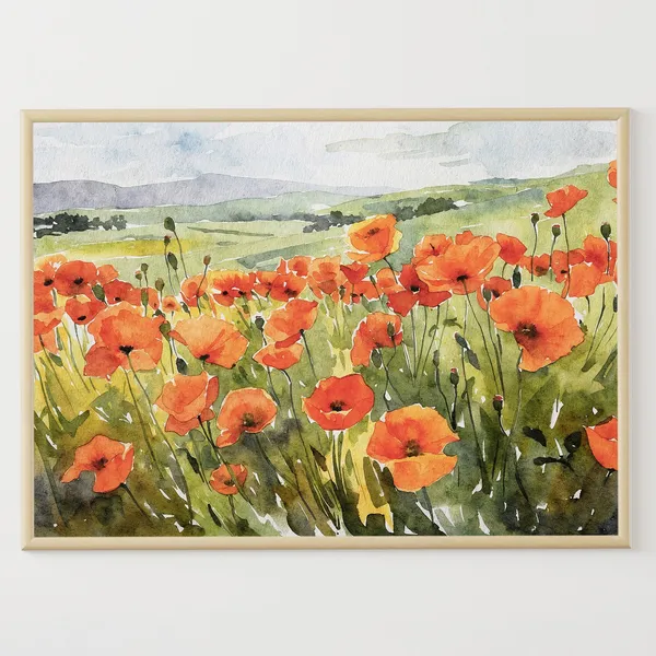 Poppy Field Watercolor Print, Red Poppies Landscape