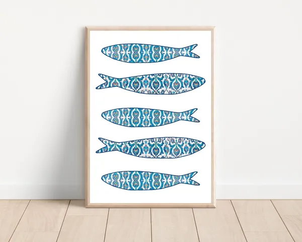 Portuguese Sardine Tile Art Print, Boho Kitchen Decor