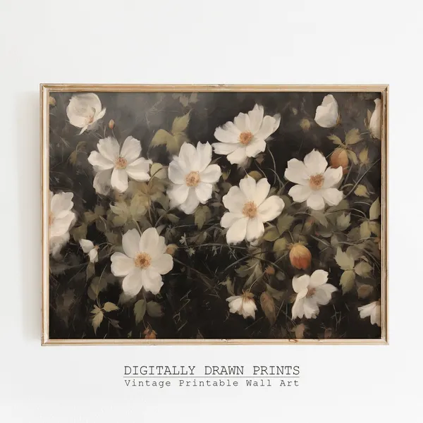 Victorian Wildflower Botanical Art Print, Dark Vintage