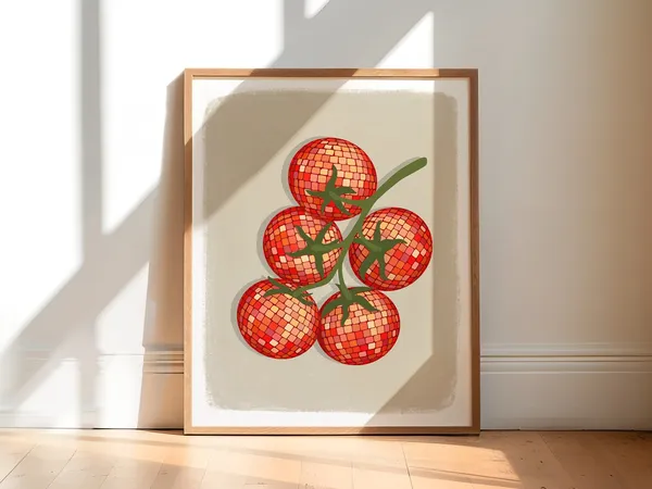 Disco Ball Tomato Art Print, Y2K Kitchen Poster
