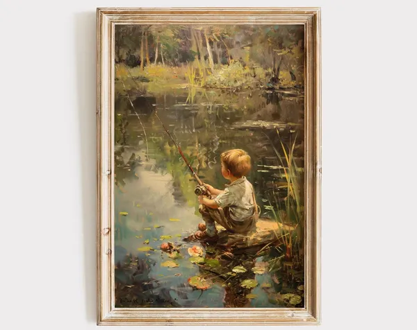 Vintage Boy Fishing in a Pond, Boys Room Art Print