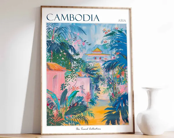 Cambodia Travel Poster, Tropical Asian Decor