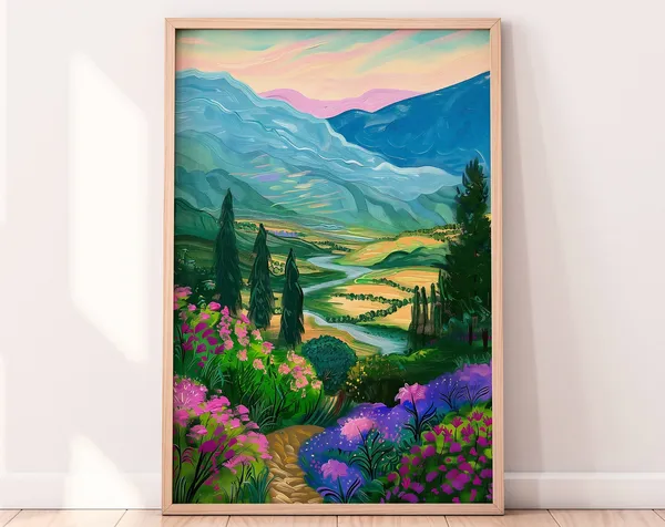 Colorful Countryside Art Print, Floral Landscape