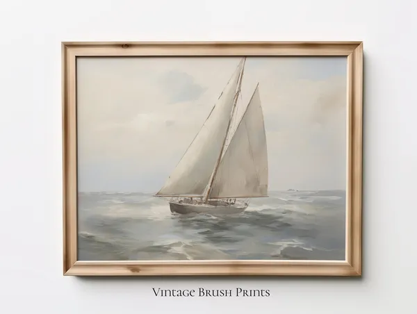 Vintage Sailboat Seascape Painting, Nautical Art Print
