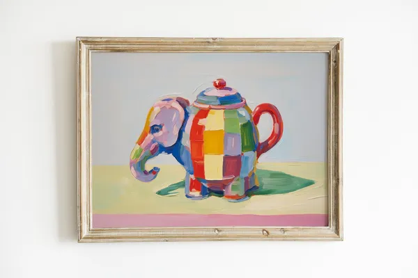 Elephant Teapot Painting, Eclectic Coffee Nook Art Print
