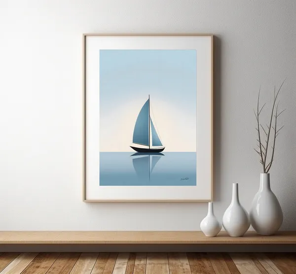 Minimalist Blue Sailboat Poster, Sea and Ocean Art Print