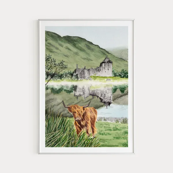 Kilchurn Castle and Highland Cow Scotland Art Print