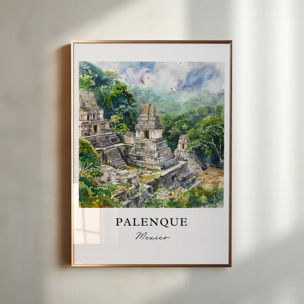Palenque Watercolor Travel Poster, Chiapas Mexico