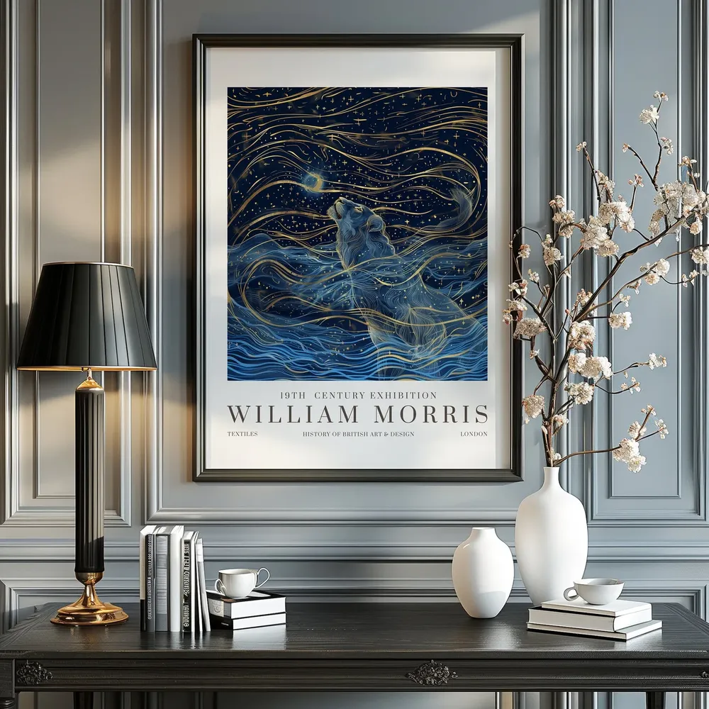 William Morris Humpback Whale Starry Ocean Swirls Gold Poster