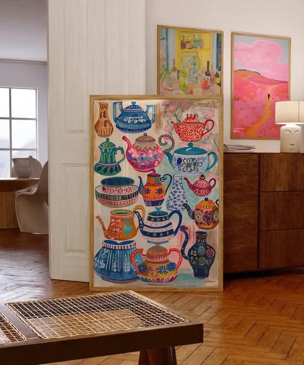 Colorful Kitchen Teapot Art Print, Maximalist Decor