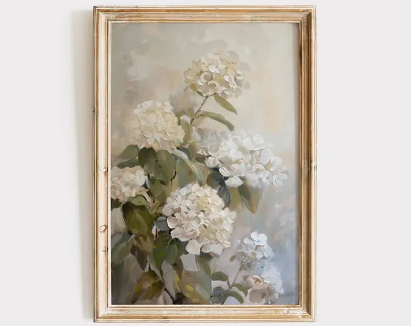 Vintage Hydrangea Painting, Rustic Farmhouse Floral Art Print