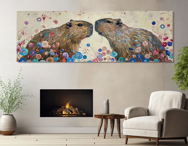 Capybaras Couple Painting, Romantic Wall Art Print
