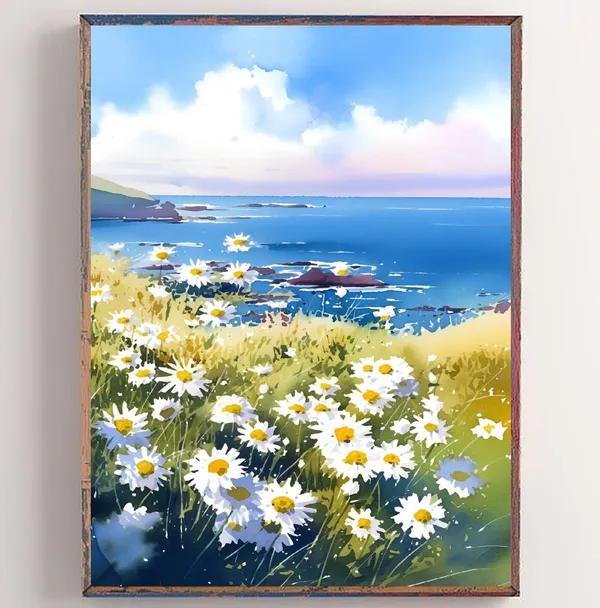 Daisy Wildflowers Watercolor Art Print, Meadow Floral