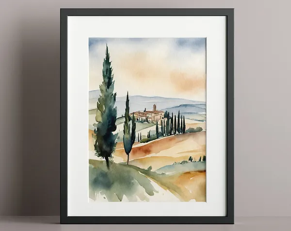 Watercolor Tuscany Landscape Travel Poster, Siena Italy