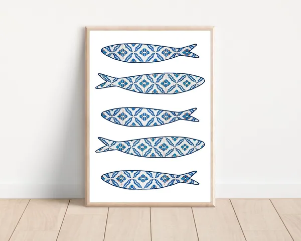Blue Portuguese Sardines Tile Art Print, Portugal