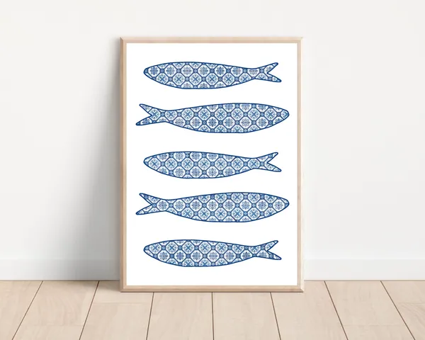 Boho Blue Azulejo Sardine Tile Art Print, Portugal