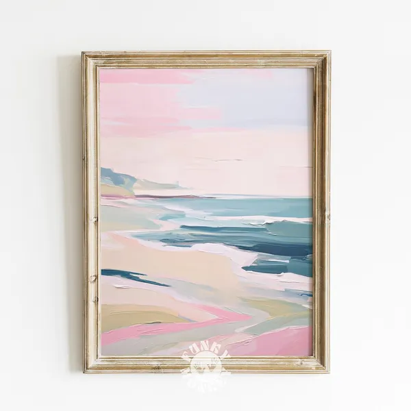 Abstract Beach Print, Pink Coastal Apartment Decor