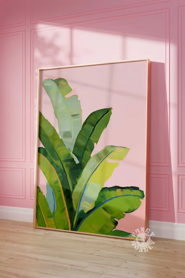 Tropical Pink Summer Banana Leaves Botanical Art Print