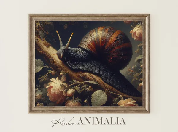 Vintage Snail Print, Moody Botanical Cottagecore