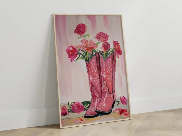 Pink Cowgirl Boots Painting Print, Western Flowers
