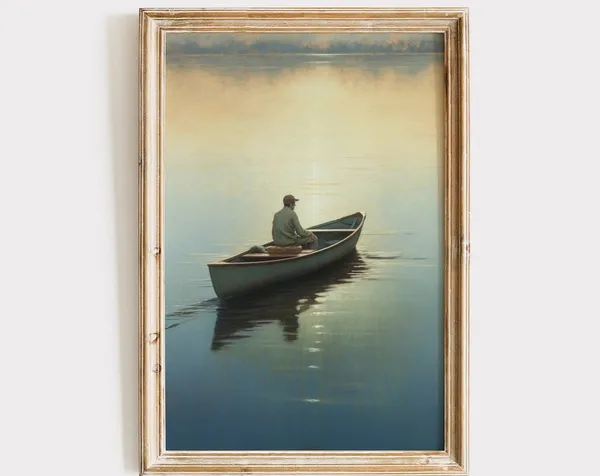 Vintage Fishing Canoe Fisherman Art Print, Nautical