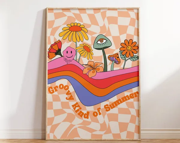 Retro Groovy Summer Poster, 70s Hippie Decor