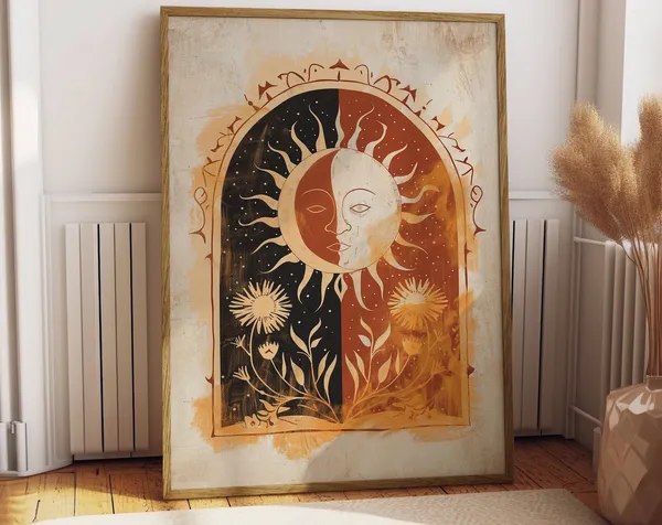 Sun Folk Art Poster, Botanical Rose Boho Print