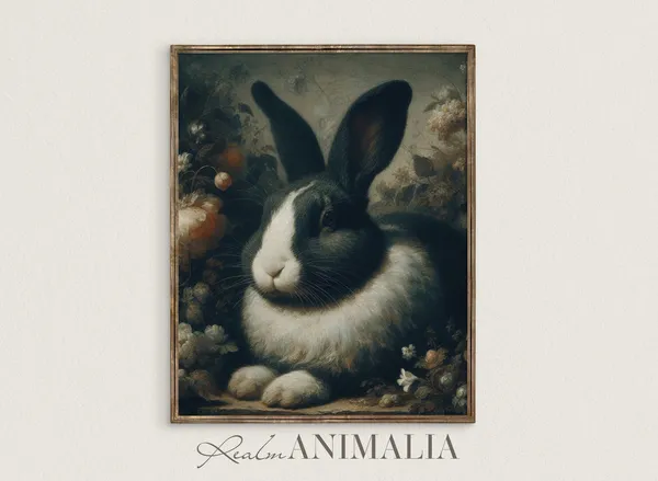 Antique Rabbit Painting, Vintage Cottage Easter Art Print