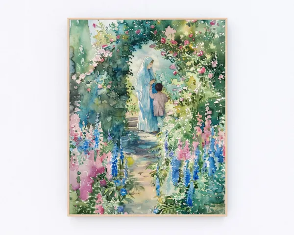 Mother Mary and Jesus in Garden Christian Art Print