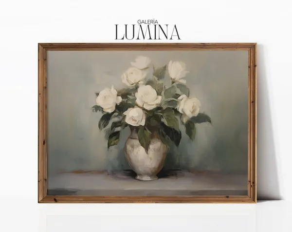 Vintage White Roses In A Vase, Oil Painting Art Print