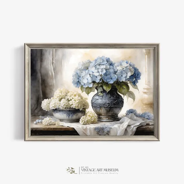 Blue and White Hydrangea Still Life, Vintage Watercolor