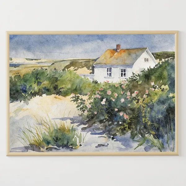 Cape Cod Watercolor Beach Scene with Wildflowers Art Print