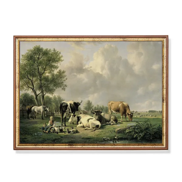 Animals in the Meadow Vintage Country Landscape Art Print