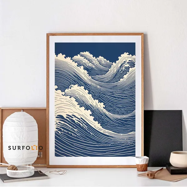 Linocut Wave Print, Retro Japan Ocean Seascape