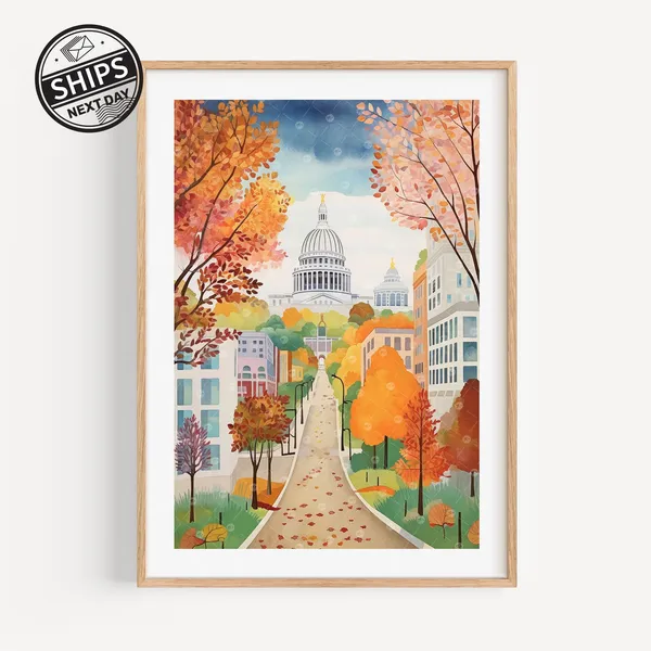 Madison Wisconsin Watercolor Travel Poster, Modern Art