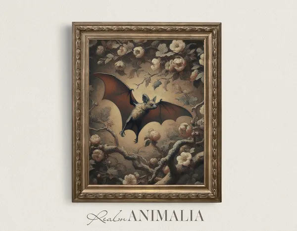 Vintage Neutral Flying Bat Botanical Art Print