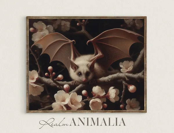 Vintage Bat Art, Dark Cottagecore Botanical Print