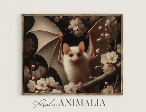 Vintage Bat Art Print, Dark Cottagecore Botanical