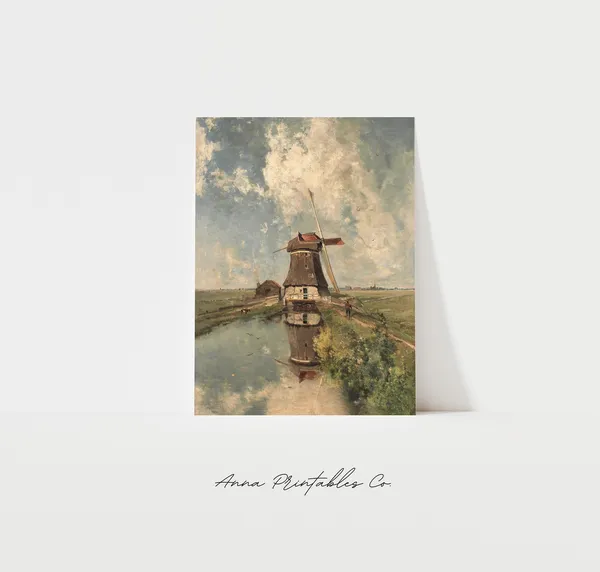 Vintage Windmill Dutch Countryside Landscape Art Print