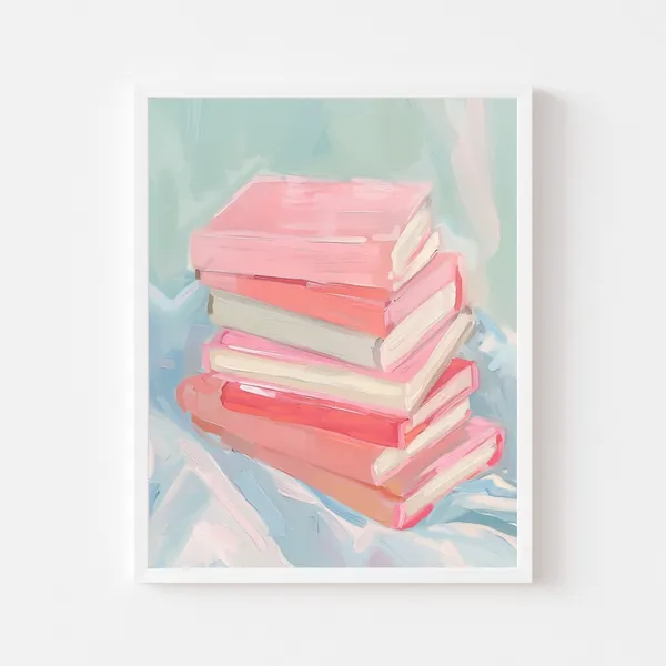 Pink Book Stack Painting, Pastel Reading Nook Art Print