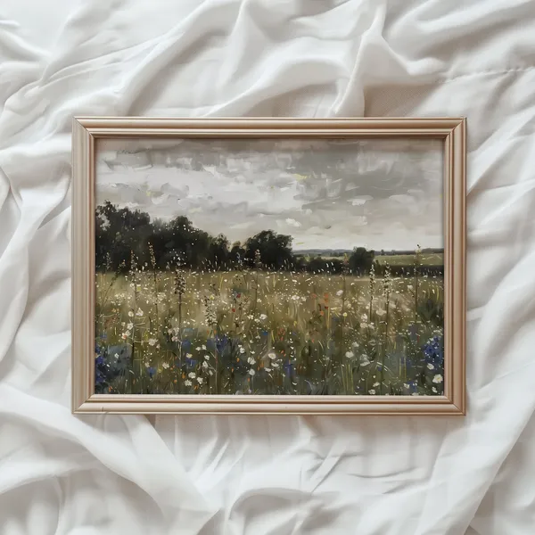 Moody Landscape Print, Vintage Wildflower Pastoral