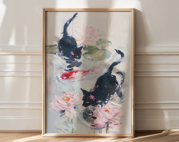 Monet-Inspired Black Cat and Water Lily Art Print