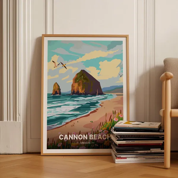 Cannon Beach Oregon Travel Poster, Mid-Century Modern